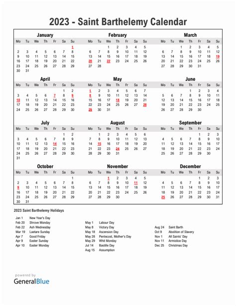 Year 2023 Simple Calendar With Holidays In Saint Barthelemy