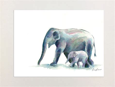 Elephant And Baby A4 Print Of Original Watercolour Painting Felt
