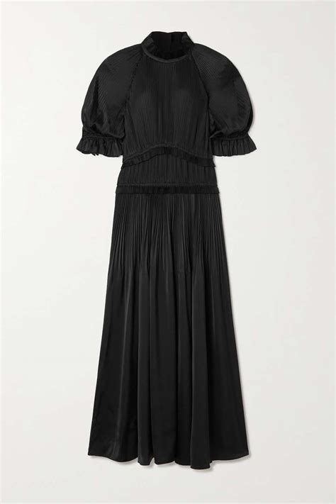 black ruffled plissé satin midi dress polo ralph lauren net a porter
