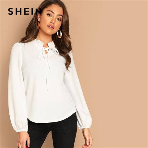 Buy Shein White Workwear Elegant Tie Neck Frill Trim Solid Long Sleeve Blouse
