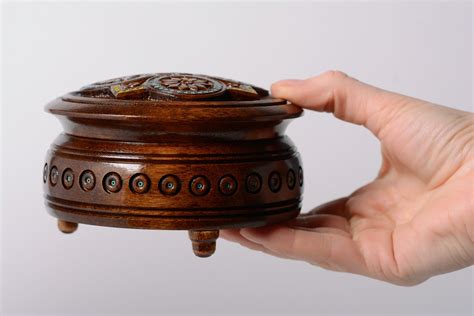 Buy Handmade Round Wooden Jewelry Box On Legs With Art Carving And Bead