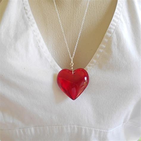 Heart Necklace Red Heart Glass Necklace Heart Love Etsy