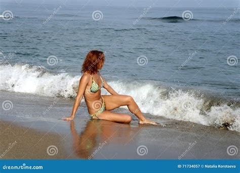 The Sea Wet Sand Girl In A Swimsuit Stock Image Image Of Happiness