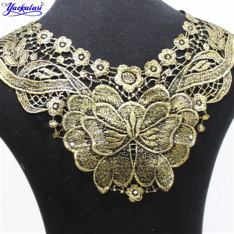 Yackalasi Garment Lace Collar Gold Gilded Print Flower Appliqued Sewing Trims For Dress Back