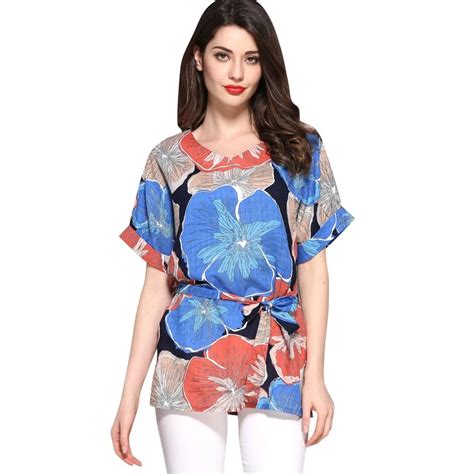 women vintage floral printed summer shirts breathable cotton linen round neck loose shirt tops