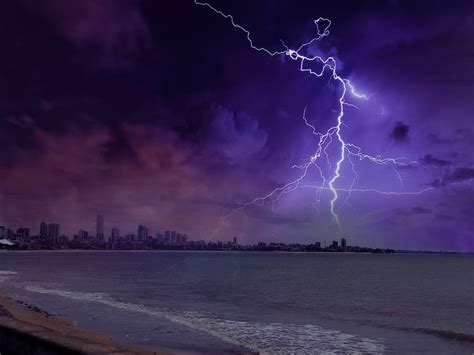 Hd Wallpaper Lightning Phenomenon Near City And Ocean Beach Night