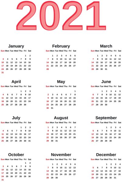 Calendar 2021 Year Png Transparent Image Download Size 401x600px