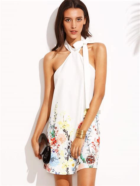 Floral Print Halter Neck Backless Sleeveless Shift Dress Sheinsheinside