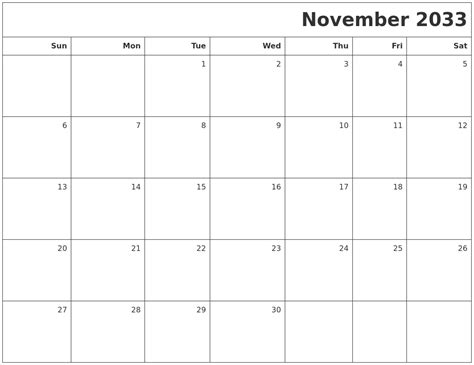 November 2033 Printable Blank Calendar