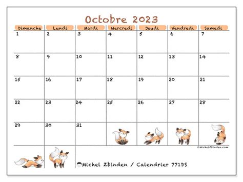 Calendrier octobre 2023 à imprimer 771DS Michel Zbinden BE