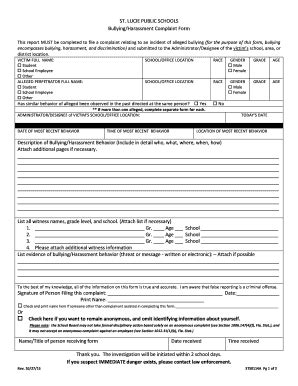 While there can be strong points and accusations involved in harassment complaints, it helps to review all details because some statements may turn against the accuser when evidence shows a different result. Fillable Online ST LUCIE PUBLIC SCHOOLS BullyingHarassment Complaint Form Fax Email Print ...