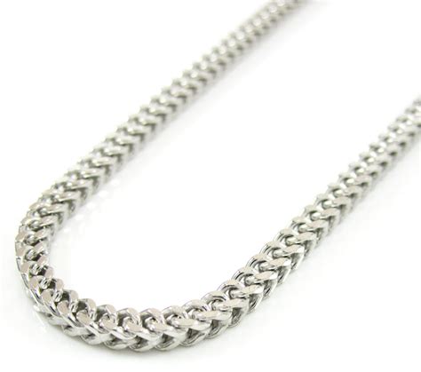 A simple and dainty 10k white gold rope chain measuring 18 inches in length and securing with a standard spring ring clasp. 10K White Gold Franco Chain 18-36 Inch 2.2mm