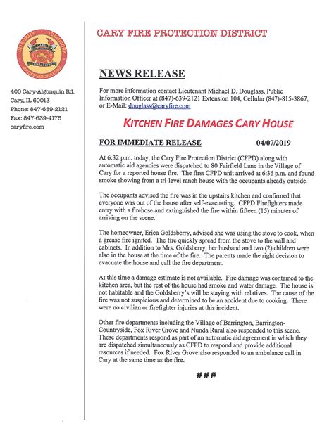 Cary Fire Department Press Release