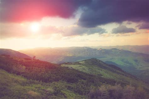 Landscape In The Mountains Spring Valleys At Sunlight Stock Image