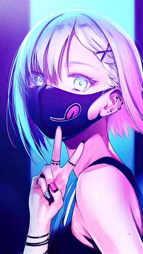 720x1280 Anime Girl City Lights Neon Face Mask 4k Moto Gx Xperia Z1z3