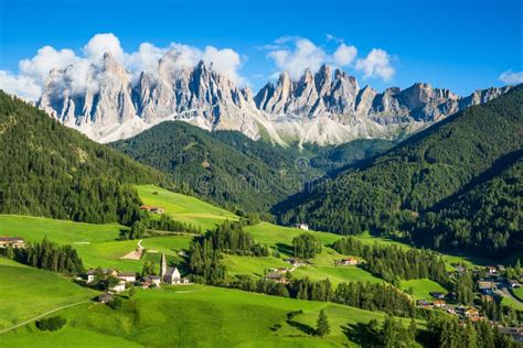 Funes Valley Santa Magdalena Church View And Odle Mountains Dolomites