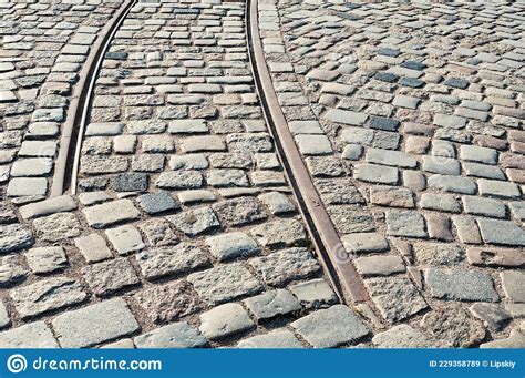 Old Abandoned Tram Rails In City In Stone Pavement Stock Image Image