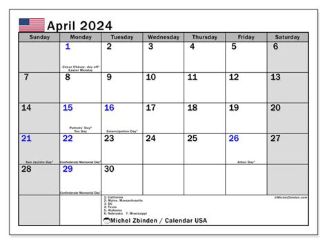 Calendar April 2024 United States Michel Zbinden En