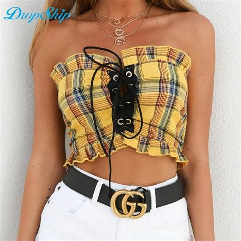 Sexy Hollow Out Bandage Adjust Tube Top Women Plaid Cropped 2018 Summer Bandeau Lace Up