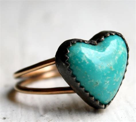 Turquoise Heart Ring Oxidized Sterling Silver And K Gold Filled Band