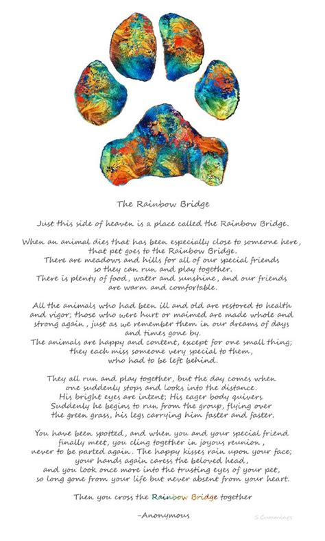 The rainbow bridge poem and accompanying pin is an affordable and beautiful tribute to a beloved fur child. Rainbow Bridge Poem With Colorful Paw Print by Sharon ...