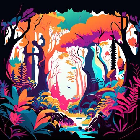 Premium Vector A Whimsical Forest Filled With Vibrant Colors In An