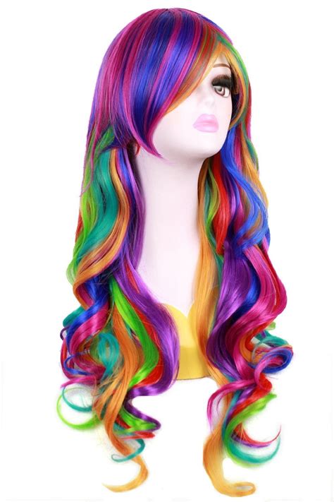 Fashionwu Long Big Wavy Rainbow Wigs Gothic Curly Women Spiral Colorful Hair For Halloween
