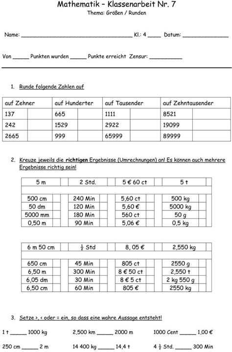 Check spelling or type a new query. Klassenarbeit zu Größen und Maßeinheiten | Klassenarbeiten ...