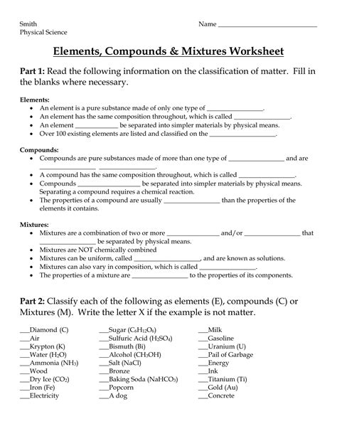 Element Compound Mixture Worksheet