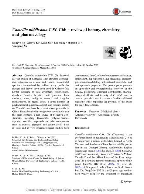 Camellia Nitidissima Cw Chi A Review Of Botany Chemistry And