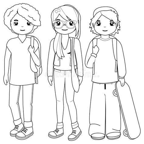 Group Of Teenager Students Vector Black And White Coloring Page Stock