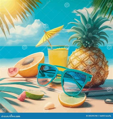 Funny Summer Beach Background With Pineapple Fruit Character Vector