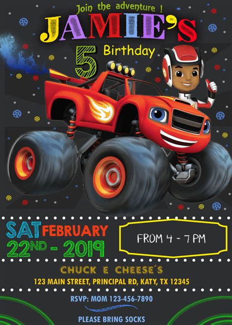 An au where speedrick and blaze are cousins, and blaze's mom phoenix is the rival of crusher's mom gia while speedrick's mom julie is best friends with gia. Blaze and the Monster Machines 2 Birthday Invitation
