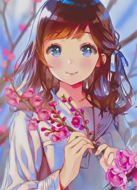 Cute Anime Girl Holding Sakura Flowers 19054678 Vector Art At Vecteezy