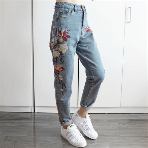 Embroidered Floral Boyfriend Denim Jeans Med Blue In 2021 Floral