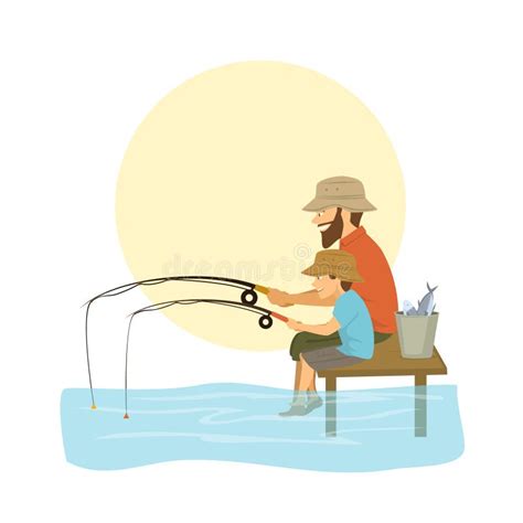 Ather And Son Fishing On A Lake Catching Fish Stock Vector