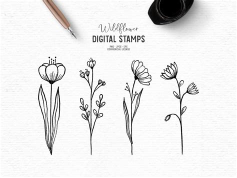 Digital Hand Drawn Floral Digital Stamp Clipart In Black And Etsy