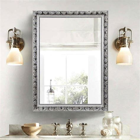 Large 38 X 26 Inch Bathroom Wall Mirror With Baroque Style Silver Wood