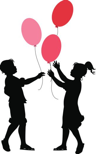 Silhouettes Of A Boy And Girl Holding Balloons Stock Illustration