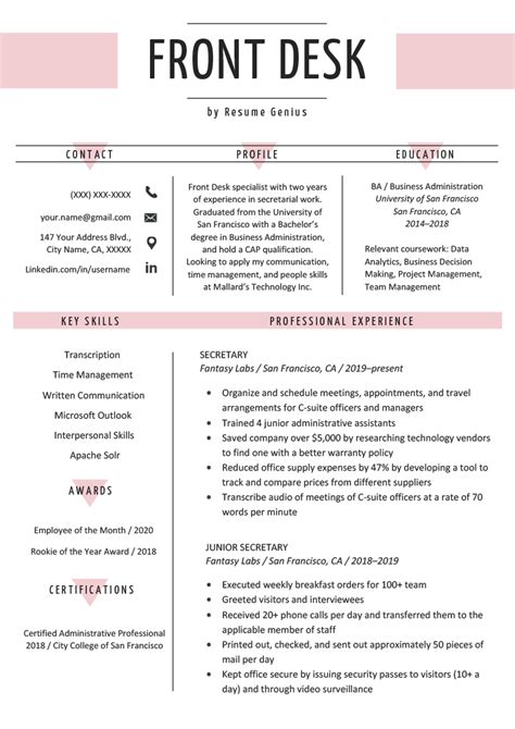 Business resume examples resumes for executive and management positions. Front Desk Resume Sample Free Download + Writing Tips