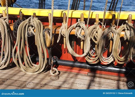 Coiled Rope Lines Stored On Belaying Pins Stock Photo Image Of Ship
