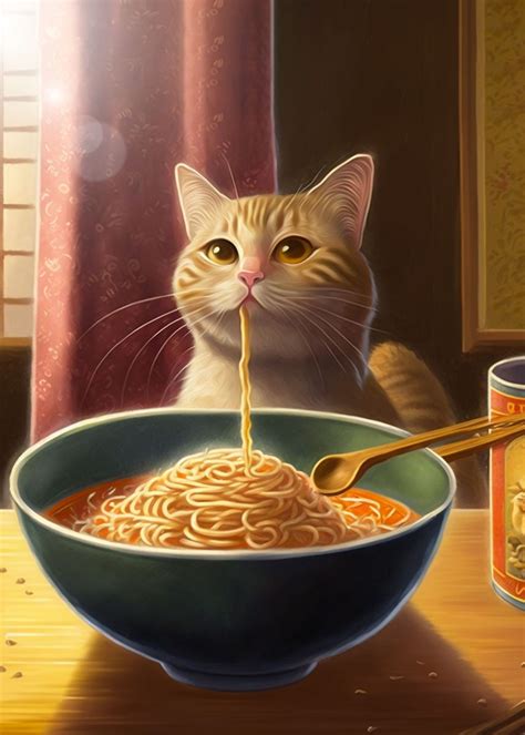 Funny Cat Eating Ramen Poster Picture Metal Print Paint By Super