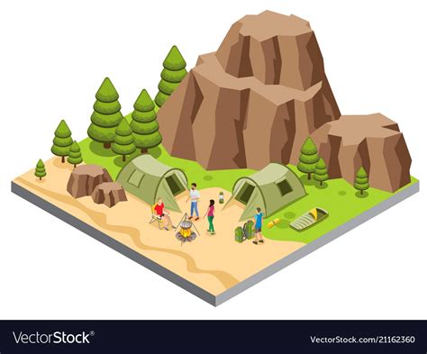 Isometric Mountain Camping Template Royalty Free Vector