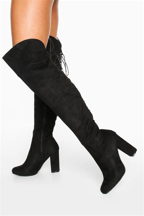 Lace Back Block Heel Over The Knee High Boots Over The Knee Boots Black Leather Knee High