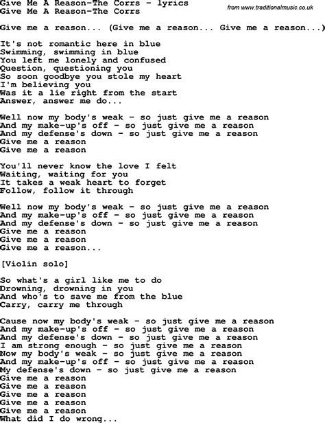 Love Song Lyrics For Give Me A Reason The Corrs