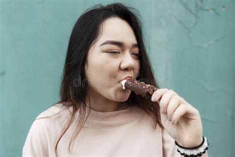 Woman Eating Chocolate Ice Cream Stock Photo Image Of Happiness Smile