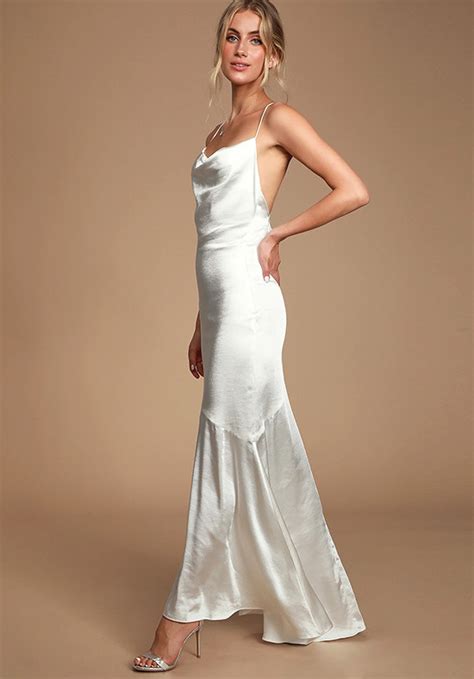 Aisle White Satin Cowl Neck Maxi Dress Mermaid Wedding Dress By Lulus Bridal