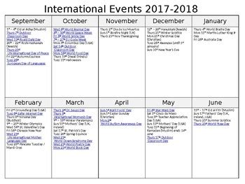 November brings cool air, fall colors, and the start of the. International Events Calendar 2017-2018 by A Crucial Week ...