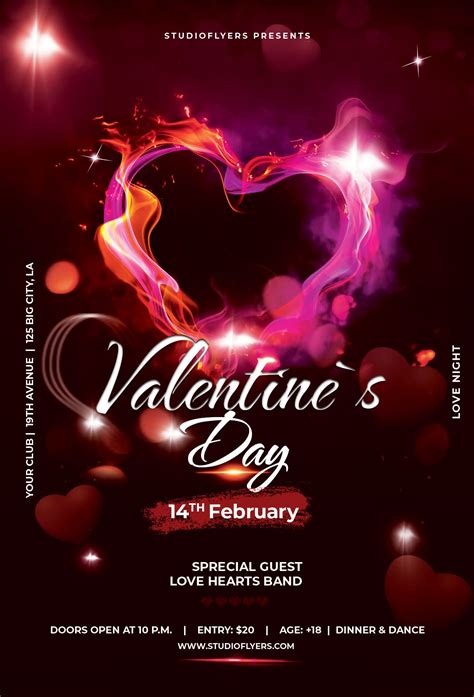 Valentines Day Flyer With Hearts And Sparkles In The Dark On A Black