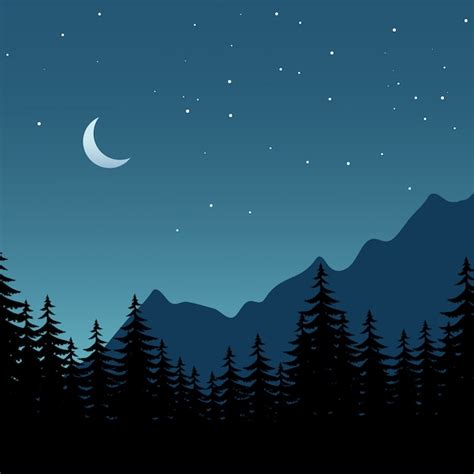 Ilustración De Noche De Vector De Bosque Con Luna Cescente Y Estrellas
